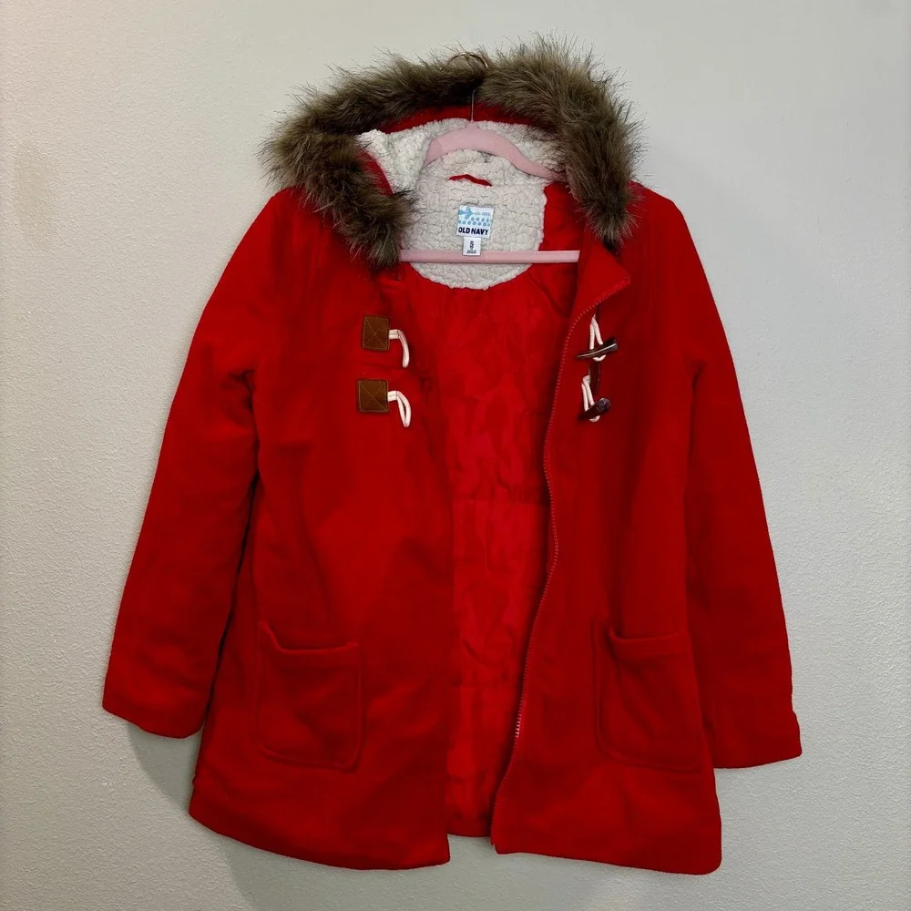 Girls Red Old Navy Hoodie (faux‎ fur trim) Jacket  XL 14 Zip &Toggle buttons